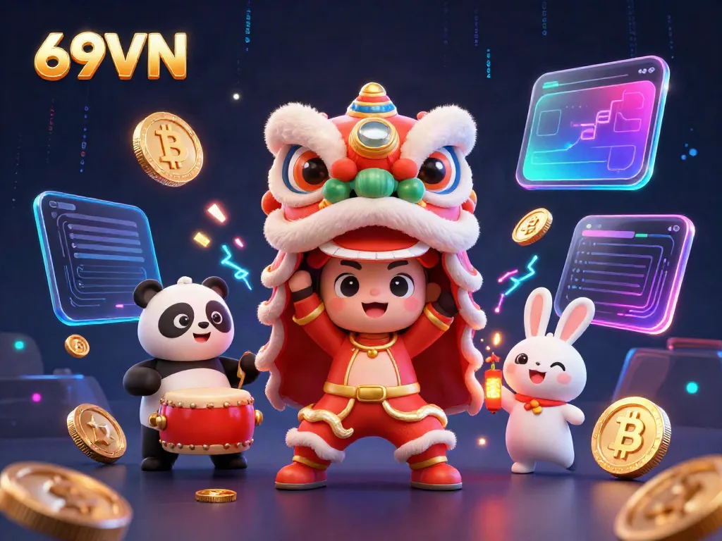 Experience the vibrant world of 69VN with a lively lion dance showcasing gaming excitement and crypto elements.