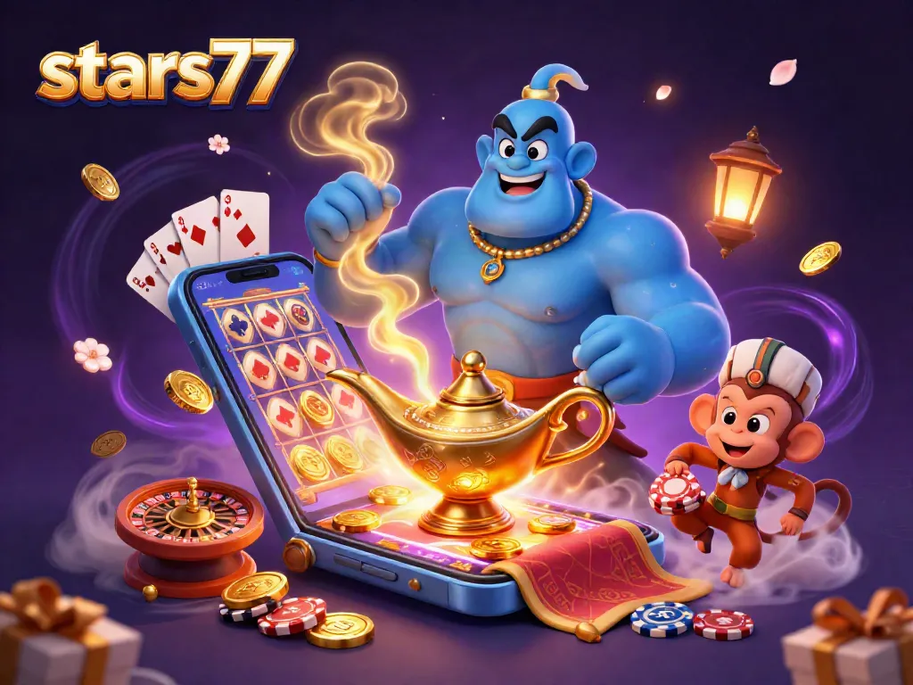 Stasiun permainan Stars77 menampilkan pesona genie, keripik poker, dan keberuntungan slot