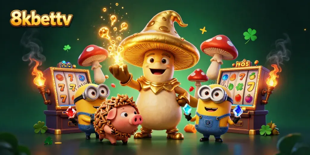 Experience the enchanting world of 8kbettv with the golden wizard, truffle pig, and vibrant slot machines.