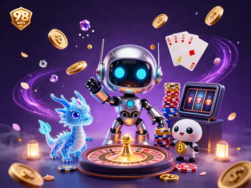 Win big with 98 win as a vibrant cyberpunk robot and allies celebrate a thrilling casino experience.