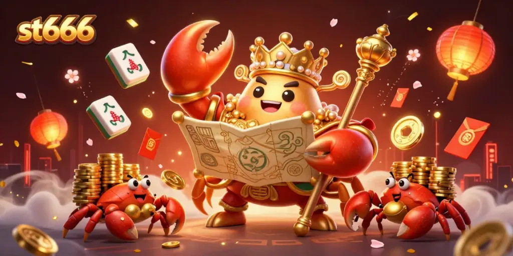 St666 players enjoy thrilling gaming moments with a golden crab emperor amidst casino treasures.