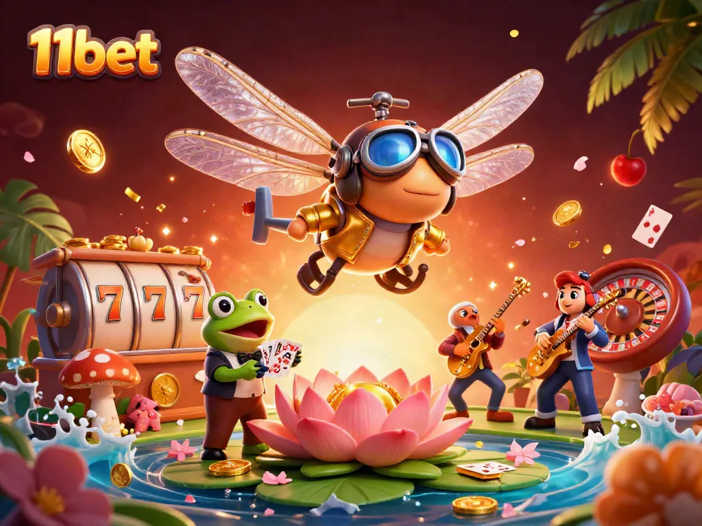 Engage with the thrilling world of 11bet through vibrant casino scenes featuring a helicopter pilot and a frog croupier.
