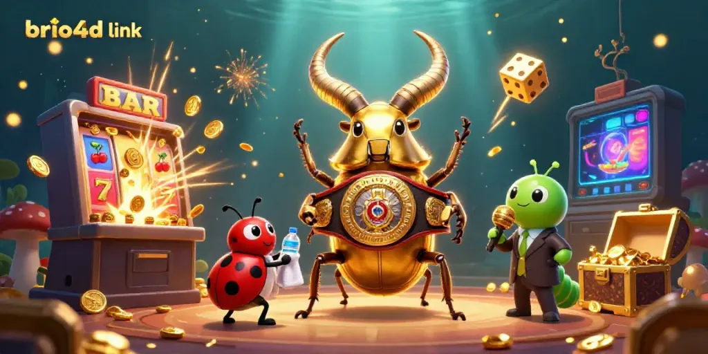 Engaging action scene with brio4d link showcasing a golden stag beetle champion next to exciting slot game elements