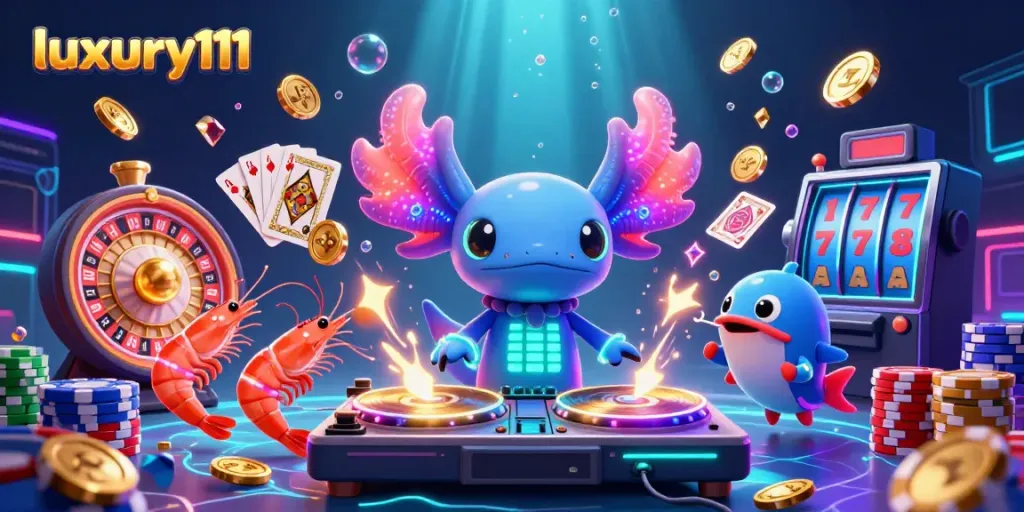 Experience luxury111 casino magic with a vibrant underwater DJ scene and floating gold coins.