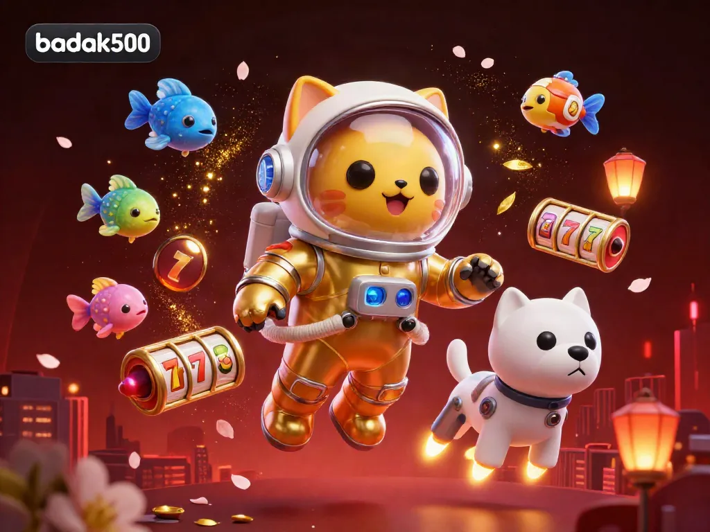 Ilustrasi kasino yang menarik dengan karakter badak500, slot, dan lampion tradisional.