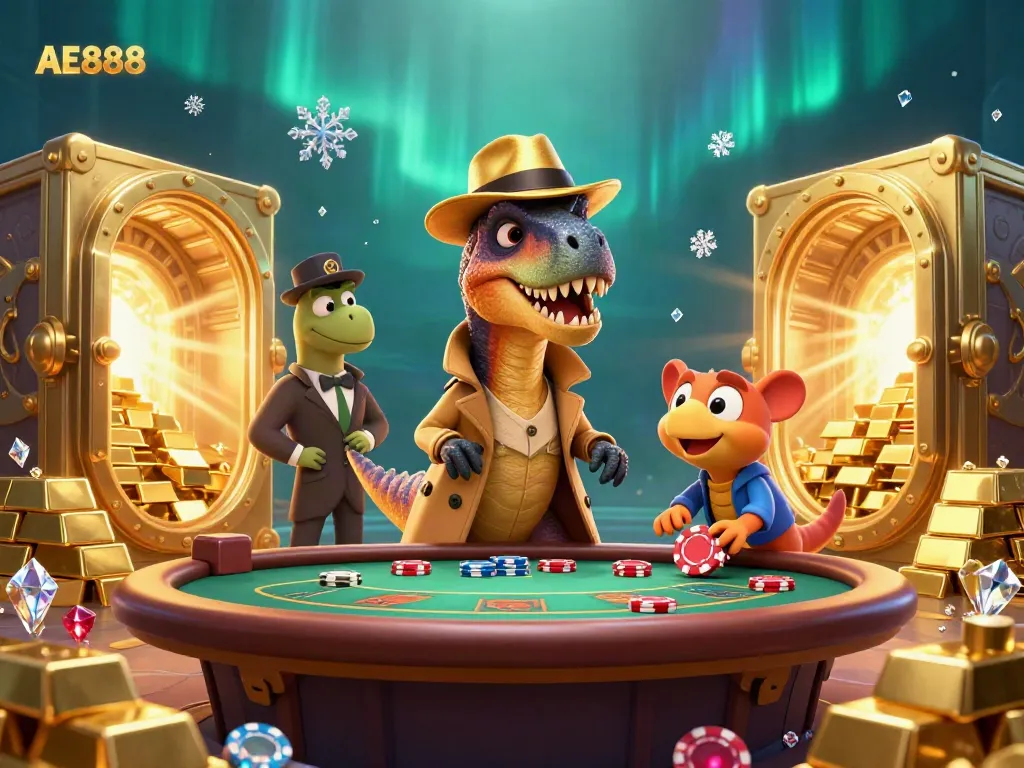 AE888 casino scene with velociraptor card counter, stegosaurus pit boss, and compy pickpocket amidst golden treasures.
