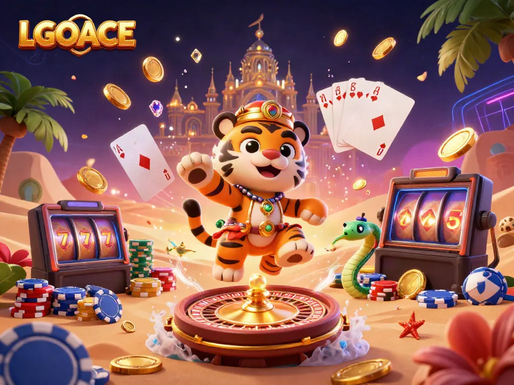 Engage with LGOACE's vibrant casino world featuring a tiger sultan and sparkling treasures.