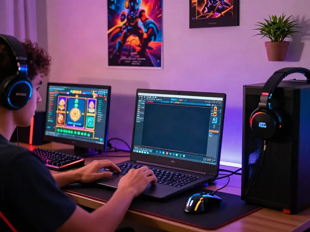 Engaging online gaming setup showcasing a player focused on akunjp slot games with vibrant LED lighting.