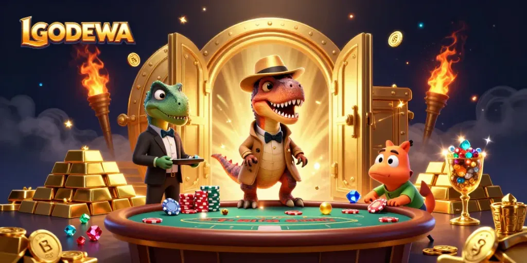 Players enjoy the thrill of LGODEWA with vibrant casino scenes featuring cartoon dinosaurs.