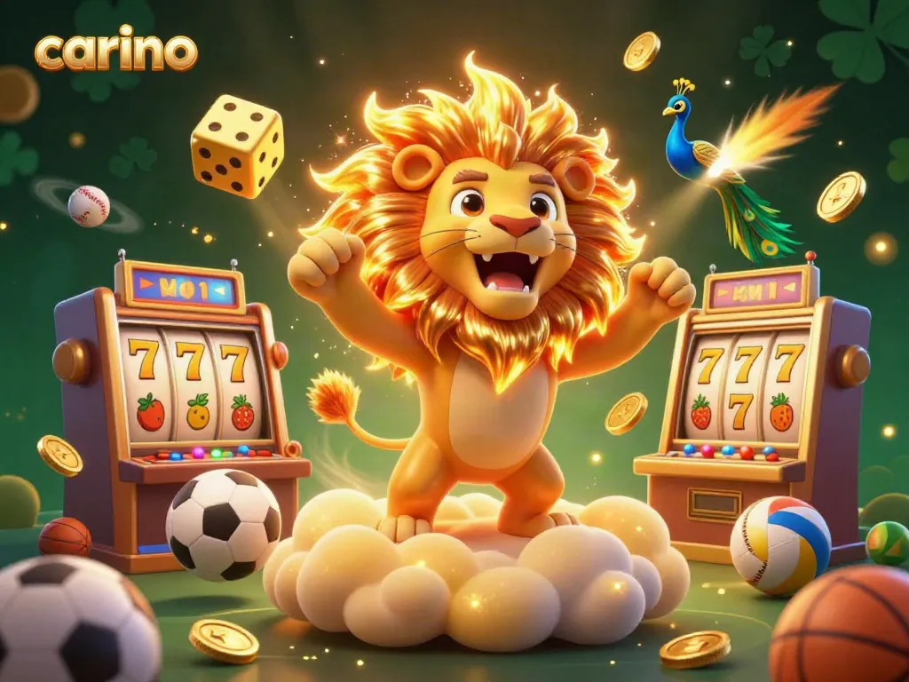 Experience the thrilling action at Carino's casino with vibrant game elements and a roaring lion mascot.