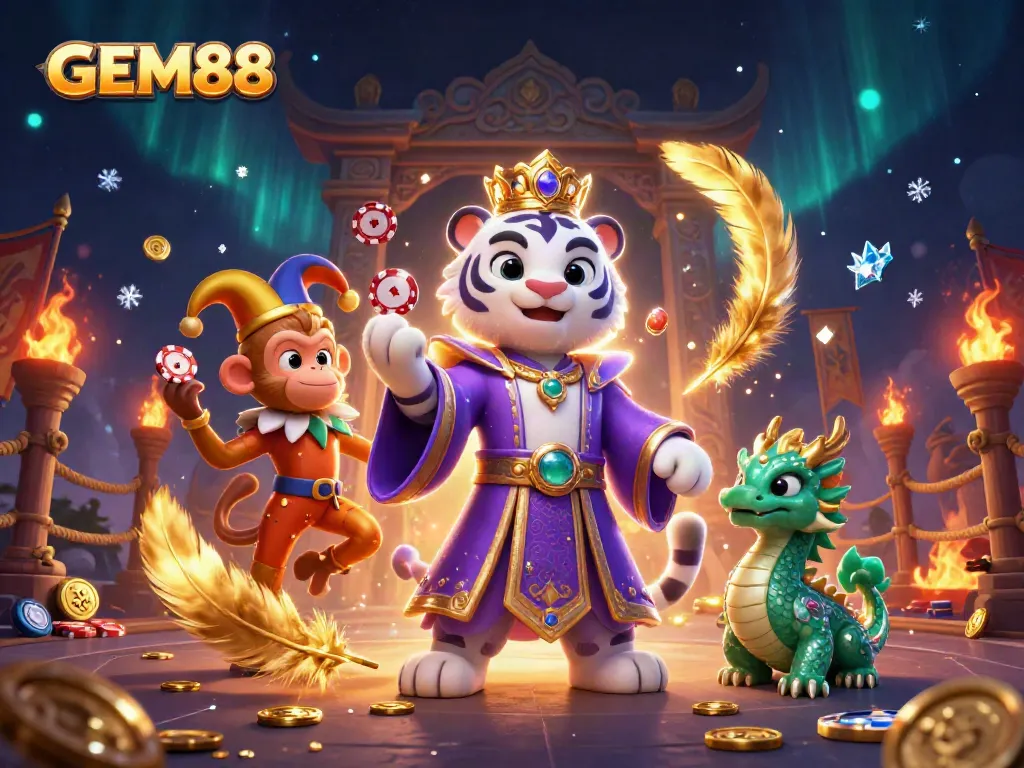 Engaging GEM88 online casino scene featuring a tiger, monkey, and dragon amidst dynamic game elements.