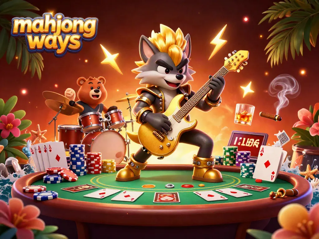 Shred on Mahjong Ways with a rock star wolf and a wild drummer bear amidst vibrant casino elements.