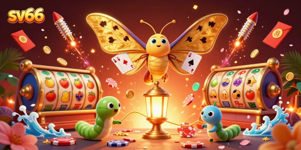 Engage with sv66, featuring a vibrant 3D scene with a golden-winged moth, slot reels, and festive casino elements.