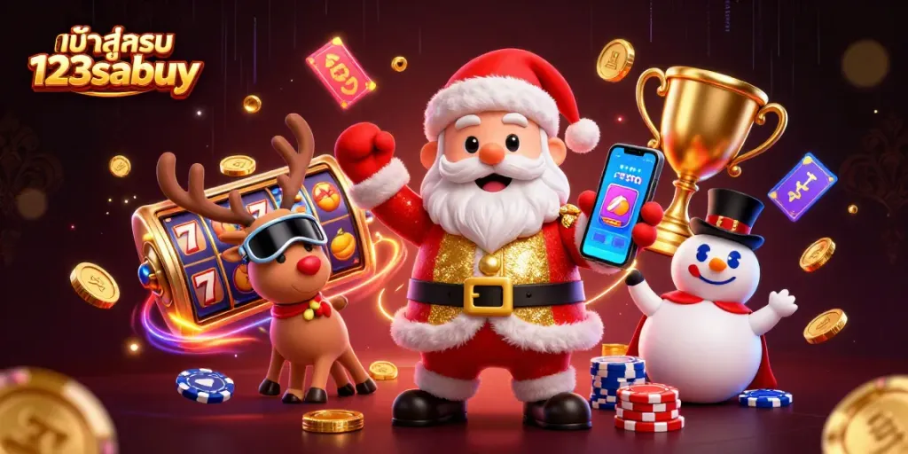 Engage with เข้าสู่ระบบ 123sabuy in this vibrant casino scene with slot reels and festive characters.