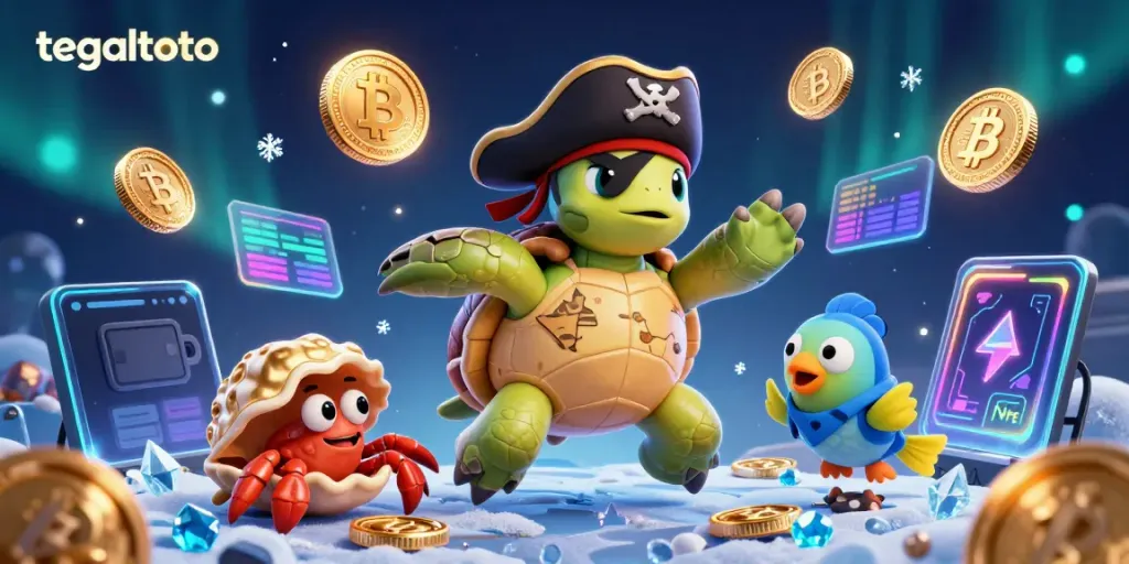 Experience the excitement of tegaltoto with a pirate turtle, crab, and parrotfish amidst floating crypto coins.