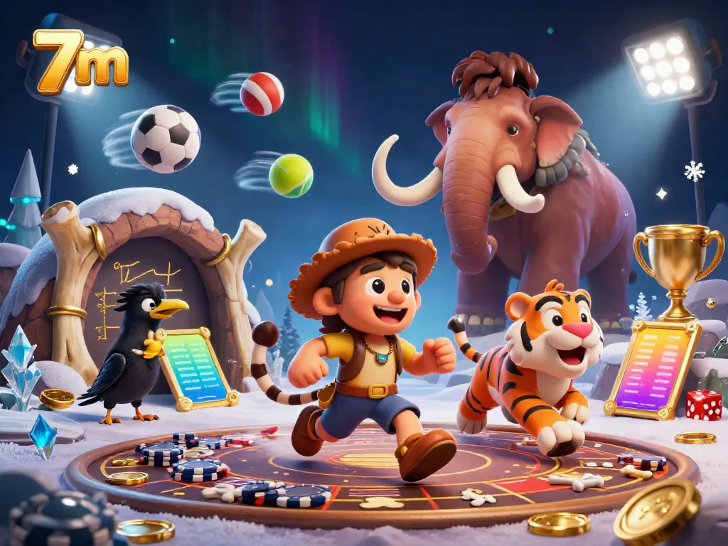 Experience the thrill of 7m betting with a lively prehistoric casino scene featuring dynamic sports elements.