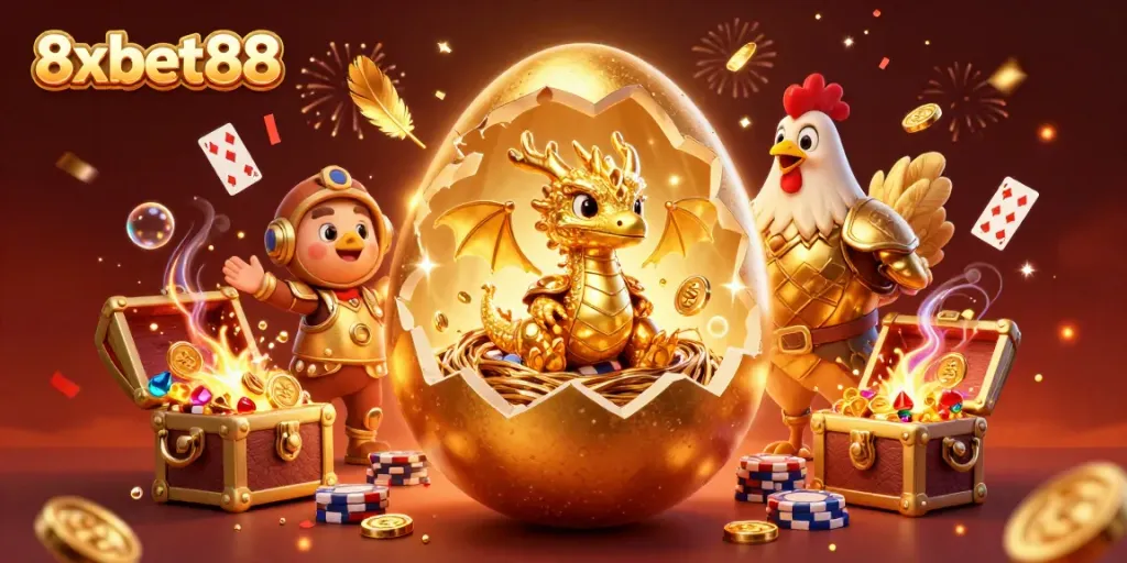 Experience thrilling gaming with 8xbet88 showcased by a golden dragon and poker chips amidst lively casino elements.