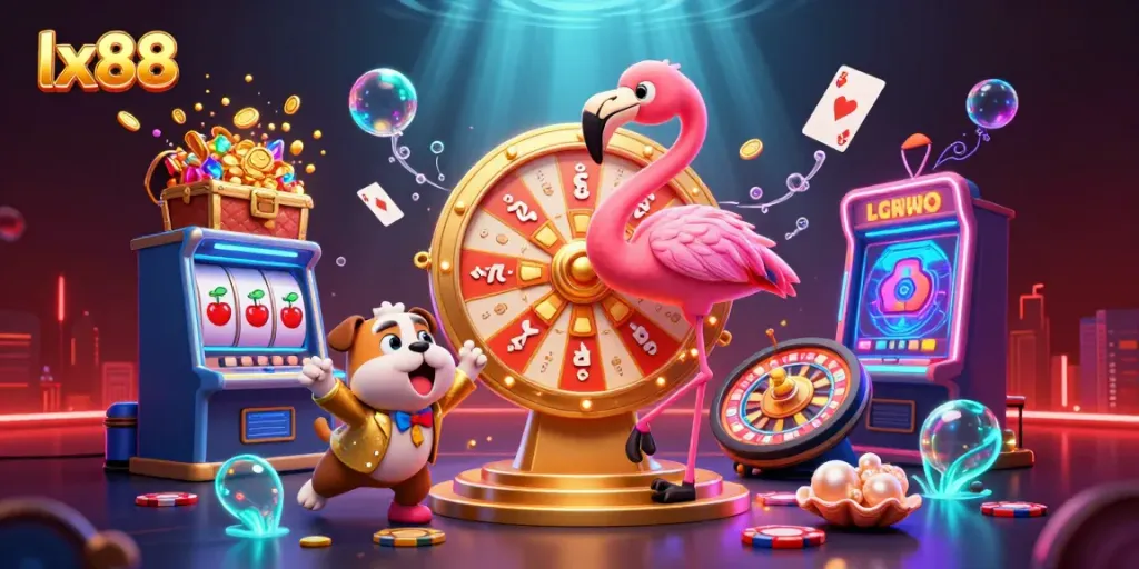 Engage with lx88's vibrant gaming experience featuring cartoon characters and gold prizes.