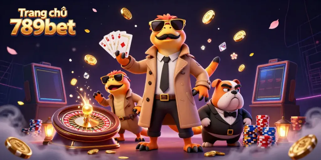 Engaging scene of raptors entering a VIP casino as "Trang chủ 789bet" logo shines amidst golden coins and energy.