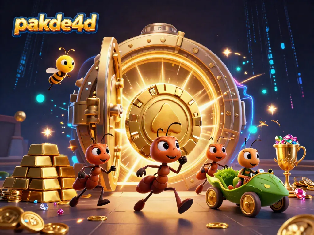 Engaging scene featuring pakde4d with cartoon ants carrying a giant poker chip in a treasure vault heist.