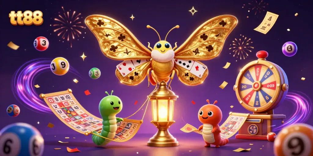 Experience thrilling gaming at tt88 with golden moth, vibrant lottery elements, and a magical casino atmosphere.