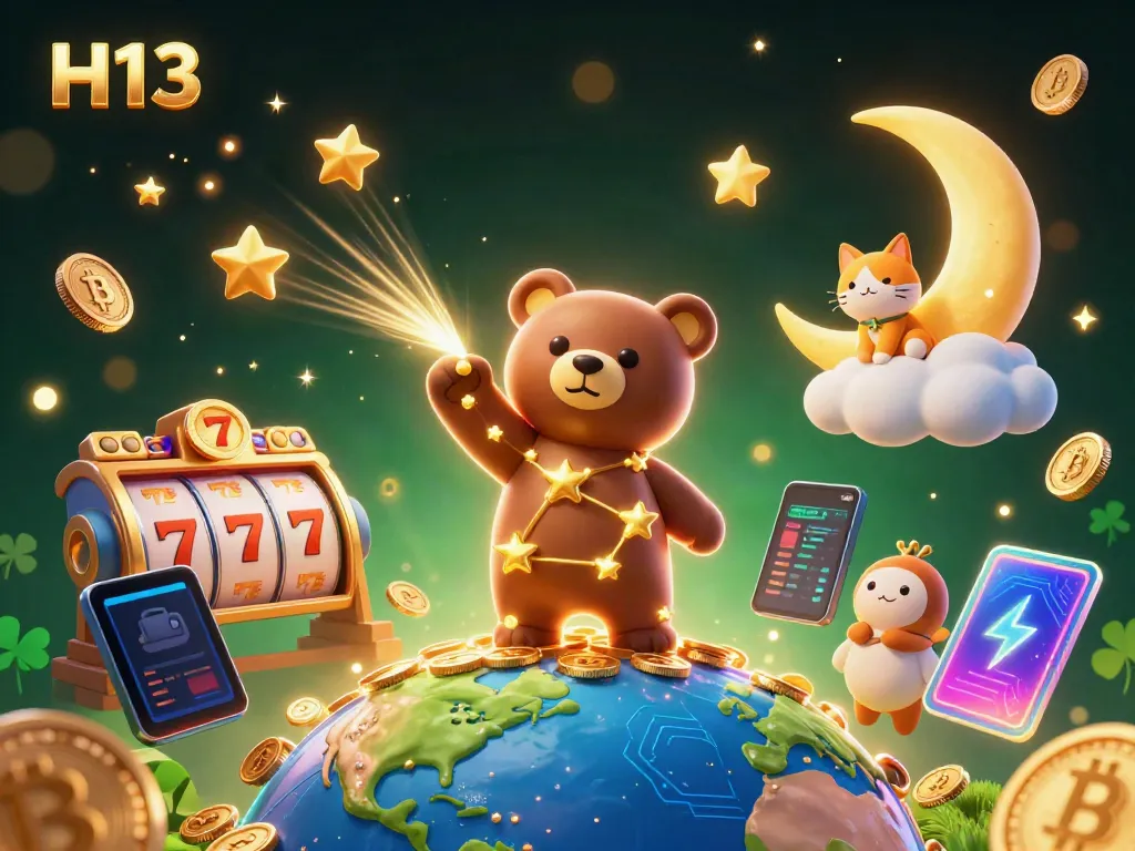 Scoop up coins in a vibrant casino scene with the H13-themed constellation bear and slot elements.