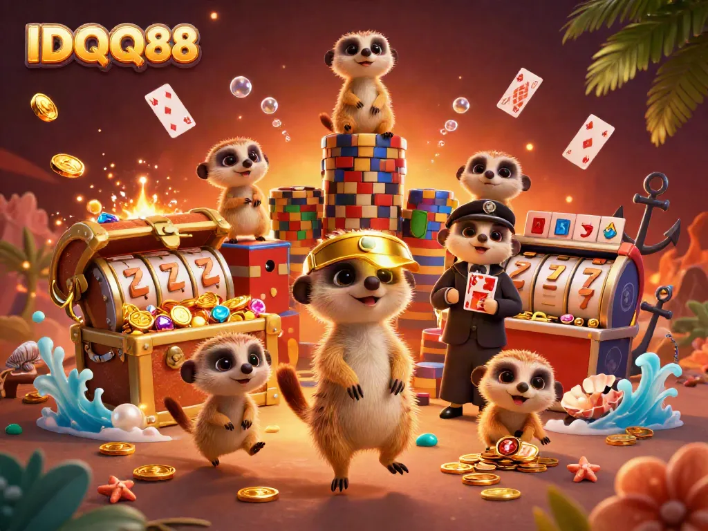 Experience the thrilling IDQQ88 casino with lively meerkats engaging in slot games and mischief.