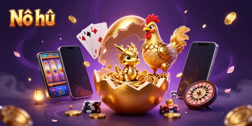 Nổ hũ reveals excitement with a golden baby dragon and poker chips amidst casino elements.
