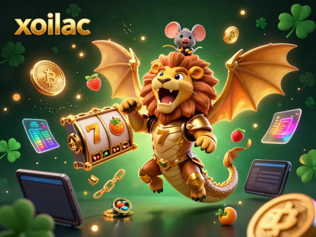 Experience the thrill of xoilac with a roaring chimera, slot reels, and crypto coins converging for big winnings!