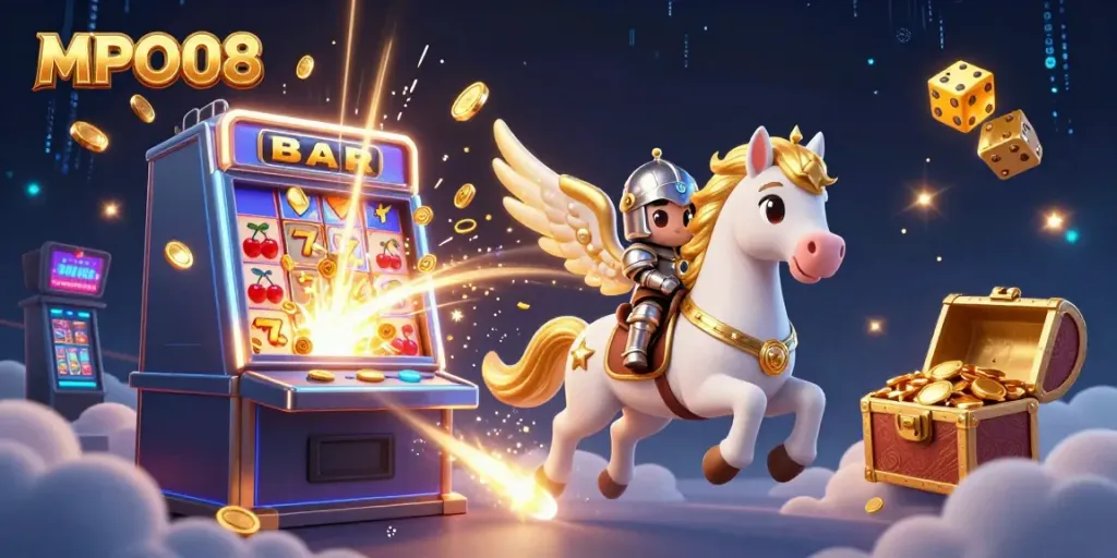 Experience whimsical gameplay with MPO08 featuring a golden-winged horse and vibrant slot machine.