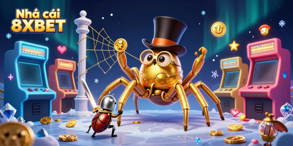 Engage with the thrilling scene of Nhà cái 8XBET, where a golden tarantula weaves its web amidst colorful casino games.