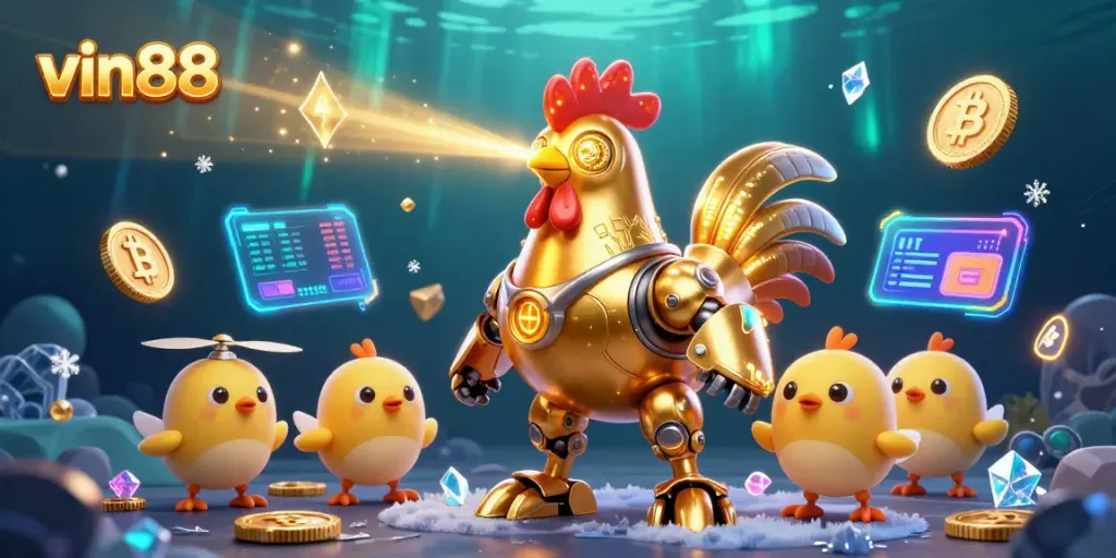 Activate big wins with vin88 in immersive casino gameplay featuring a golden rooster robot.