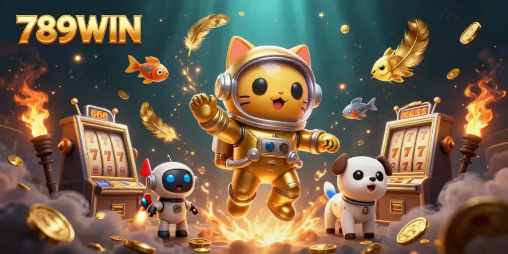 Engage in exciting gameplay with 789WIN's animated space theme featuring slot machines and vibrant alien scenery.