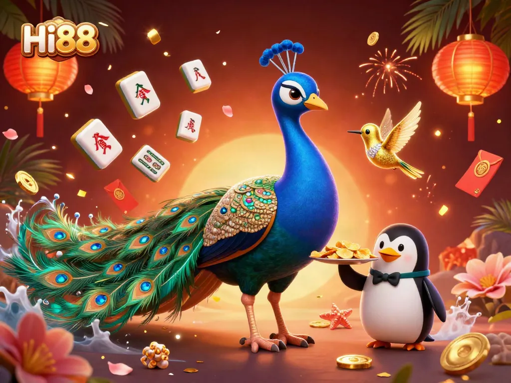 Experience the vibrant excitement of Hi88 with a 3D peacock, penguin, and hummingbird amidst dazzling casino elements.