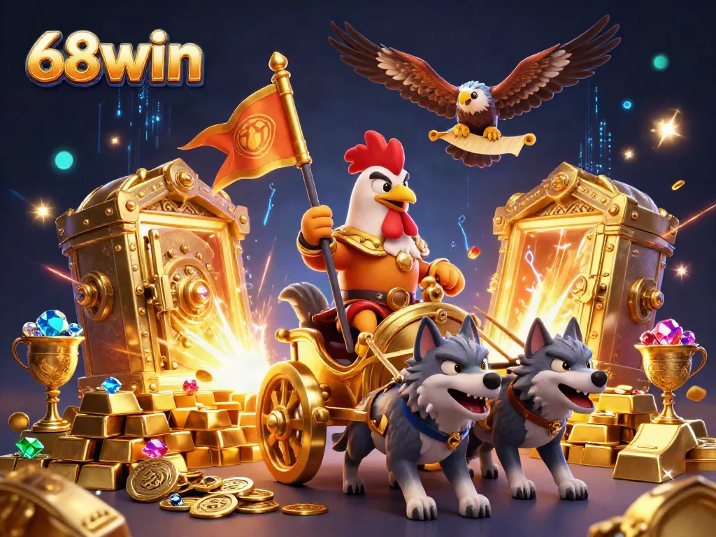 Experience exceptional winnings at 68win with a dynamic 3D scene of gaming treasures and a warlord character.