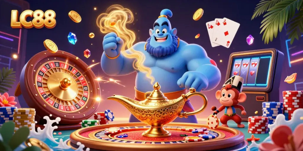 Experience the vibrant world of LC88 with a 3D illustration featuring a genie and casino elements in a dynamic scene.