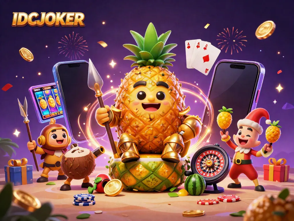 Experience the excitement of IDCJOKER with a vibrant casino-themed 3D illustration featuring unique characters and gaming elements.