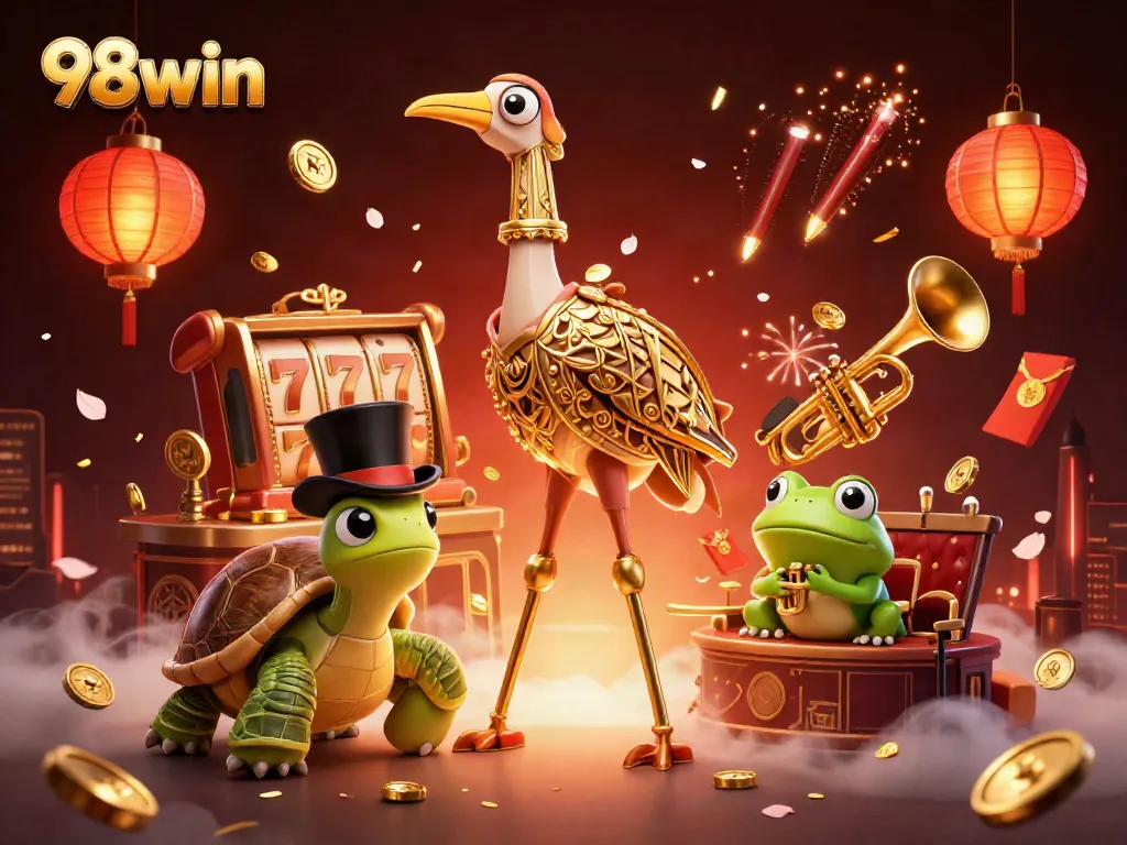 Experience the excitement of 98win with vivid slot reels and lively casino characters.