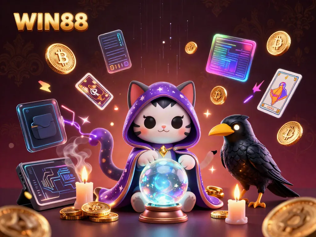 WIN88 fortune teller cat and raven surrounded by glowing crypto elements in dynamic casino scene