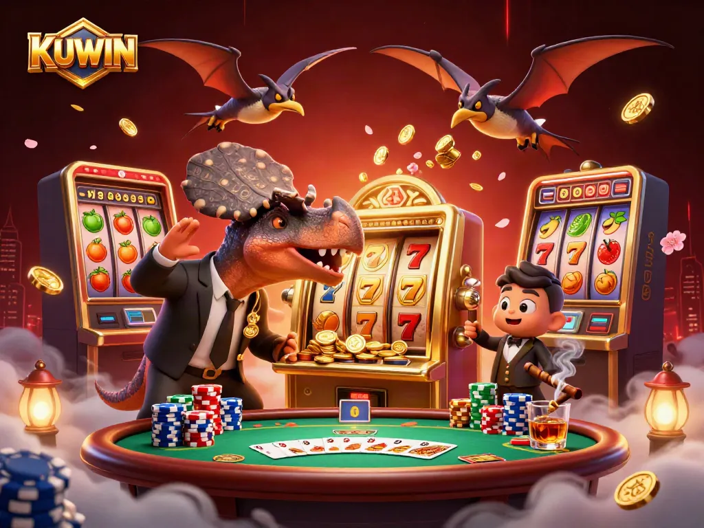 KUWIN gamifies an intense jackpot moment with a cartoon dinosaur at a slot machine.