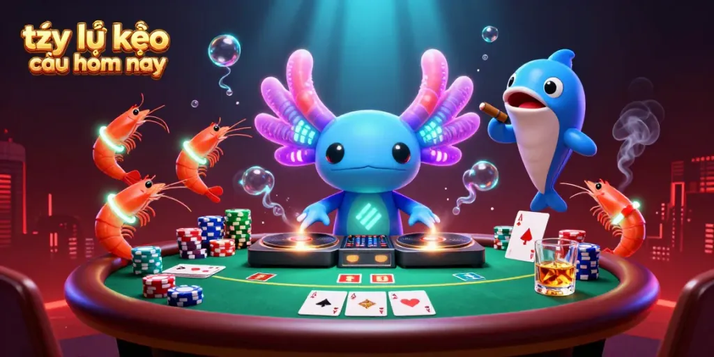 Dynamic scene with axolotl DJ and shrimp dancers illustrating tỷ lệ kèo nhà cái hôm nay in vibrant underwater casino.