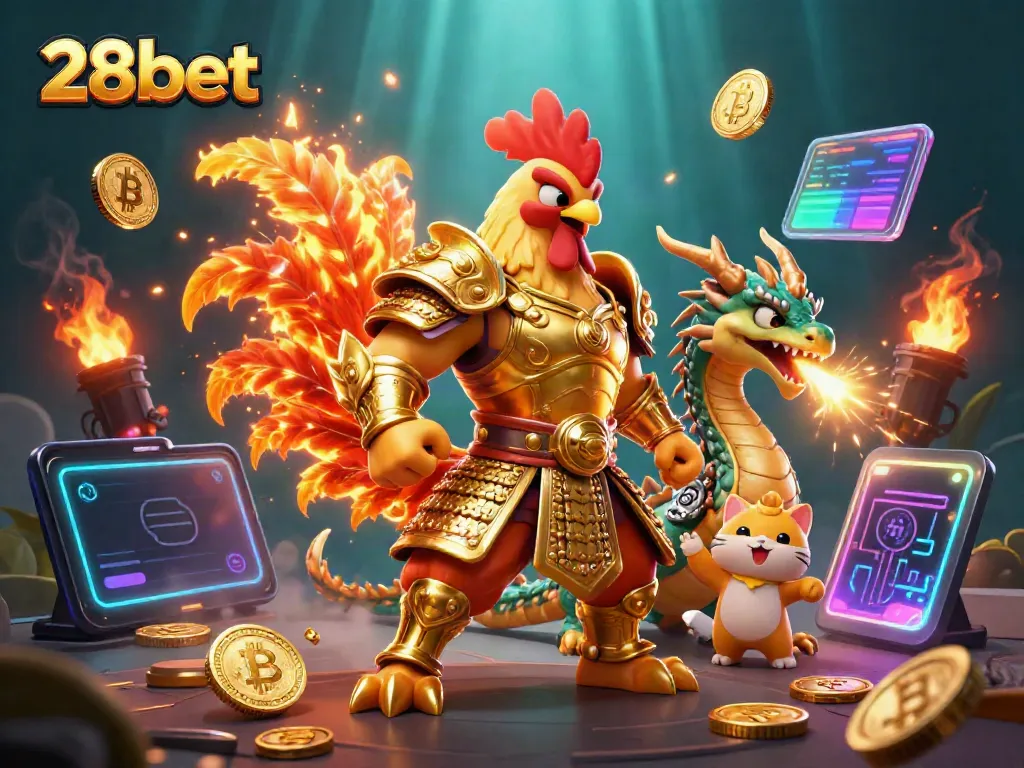 Experience thrilling gameplay at 28bet with a dynamic scene of a fighting rooster and dragon in a vibrant casino