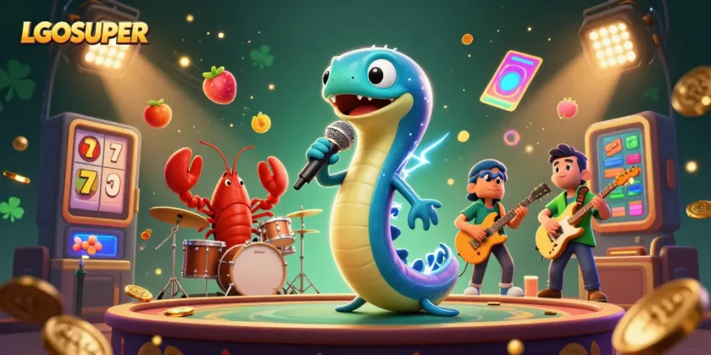Experience LGOSUPER's exhilarating slot game ambiance with electric eel DJ and vibrant casino elements.