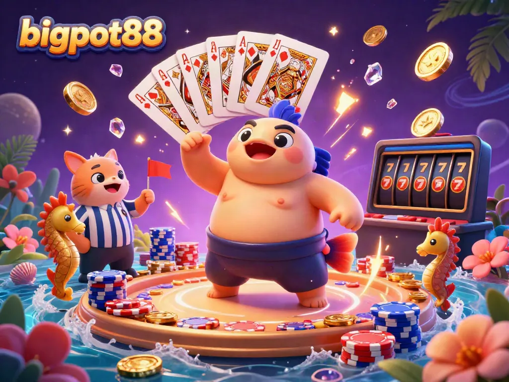 Engage with bigpot88's vibrant underwater casino scene featuring a playful fugu, wise catfish referee, and dazzling game elements.