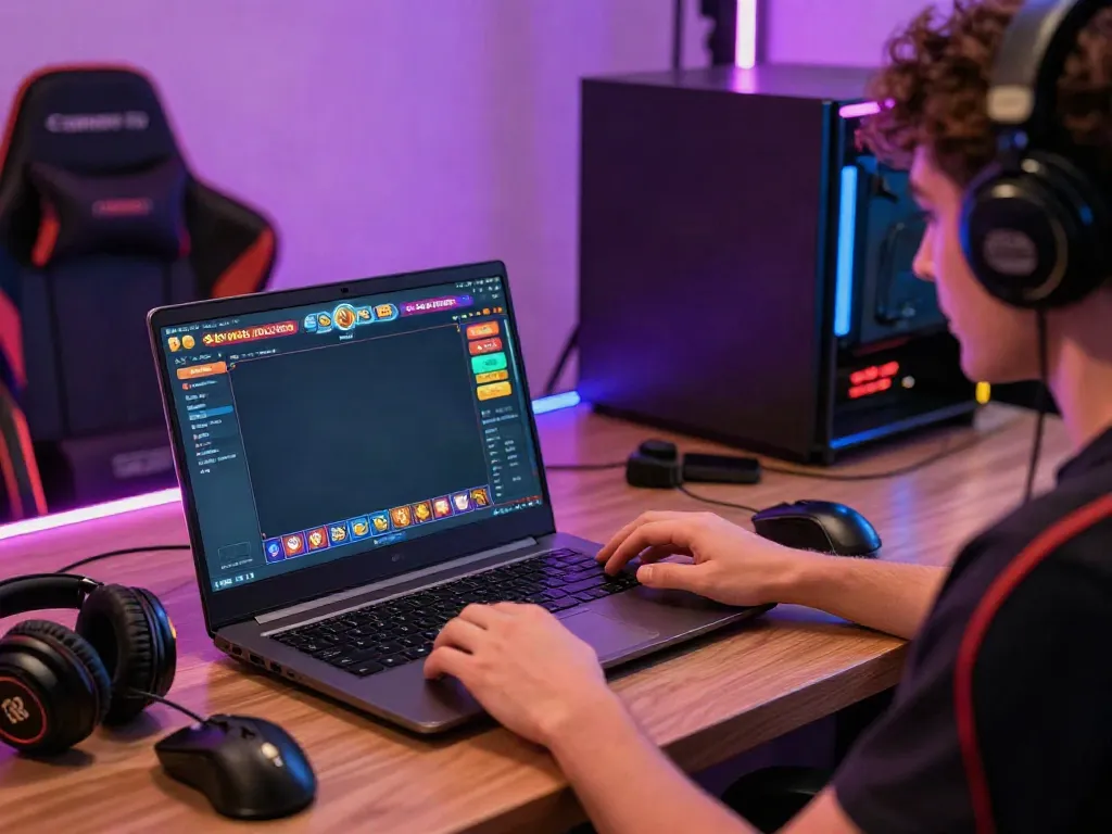 Engaged player enjoying Slot MAHJONGJP88 on laptop in a vibrant gaming setup.