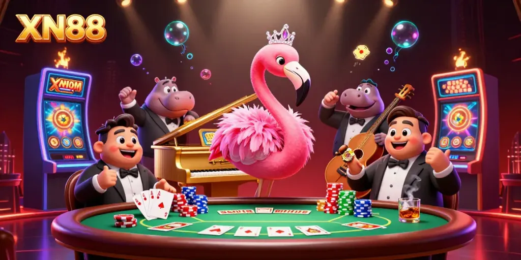 Experience the thrill of XN88 with vibrant casino characters and dynamic game elements in an ultra-detailed 3D scene.