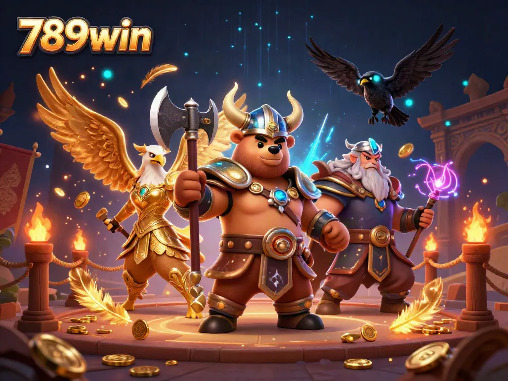 Engage with high-stakes adventure at 789win featuring a Viking bear and Valkyrie eagle inside a vibrant casino scene.