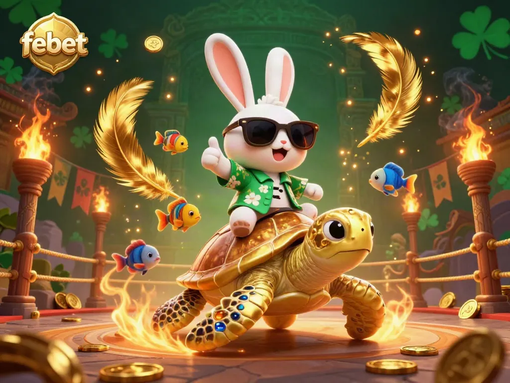 Experience the thrilling action of online gambling with febet's vibrant 3D illustration featuring a lucky rabbit and golden turtle.