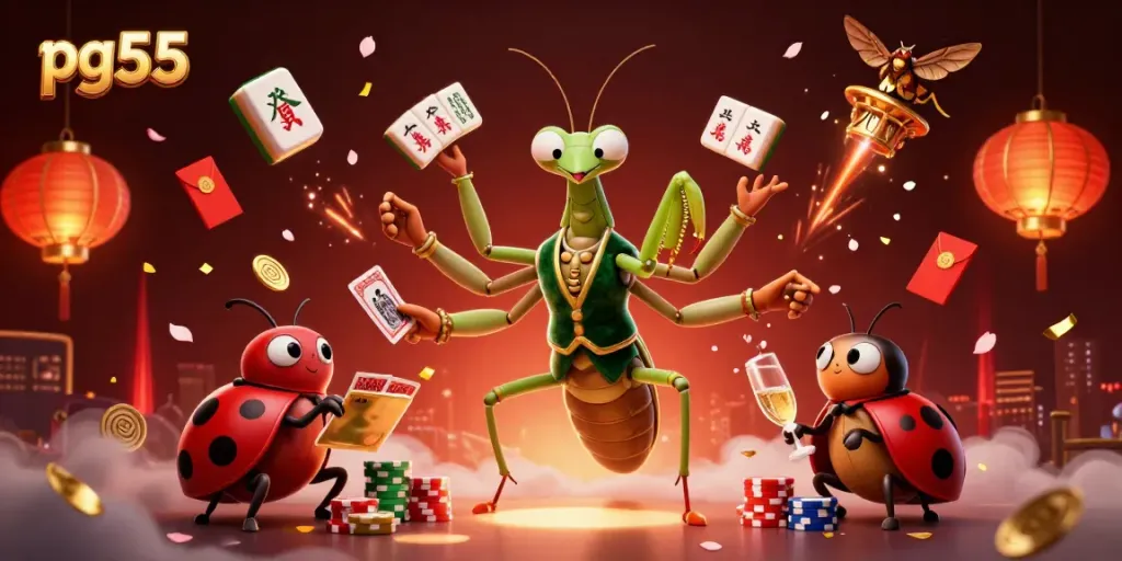 Engage in exciting gaming moments at pg55 with a vibrant 3D casino illustration of dynamic characters and rich elements.