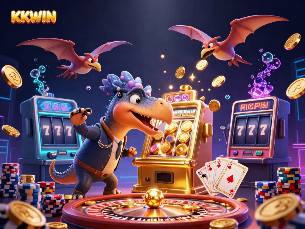 KKWIN showcases an energetic 3D casino scene with a pachycephalosaurus at a golden slot machine.